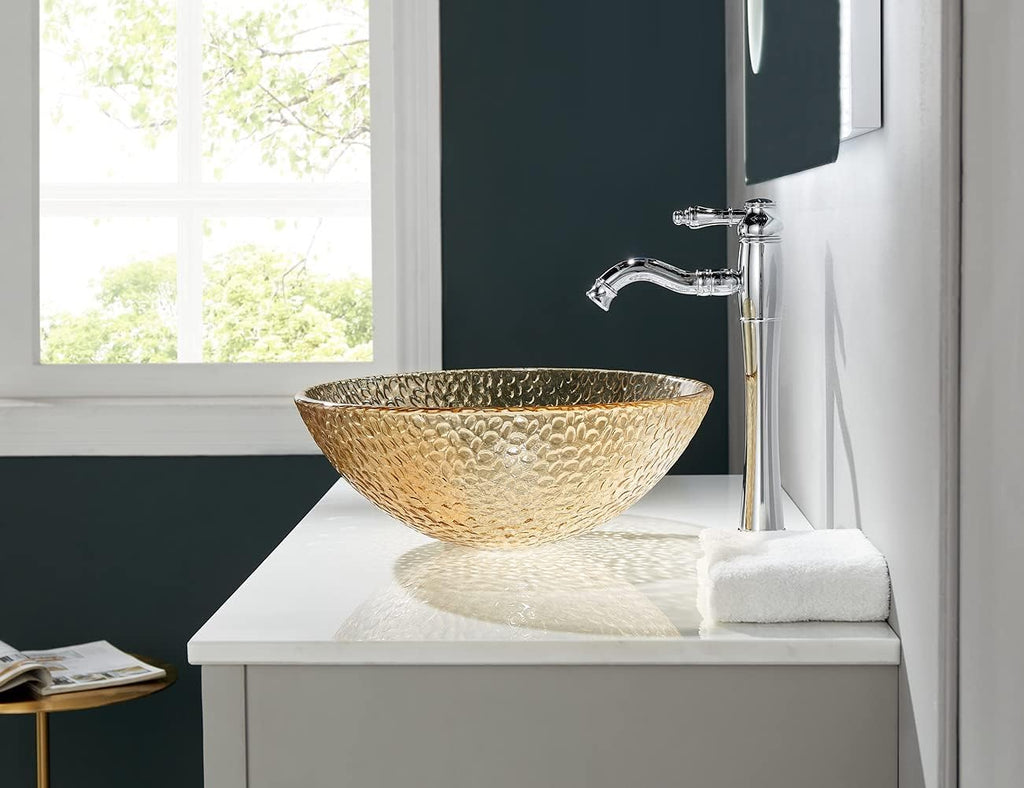 Pearl Series Glass Vessel Sink In Gold Top Raindrop Mount Sinks Above Countertop | Vanity Countertop Sink Bowl with Pop Up Drain | FW-LA625