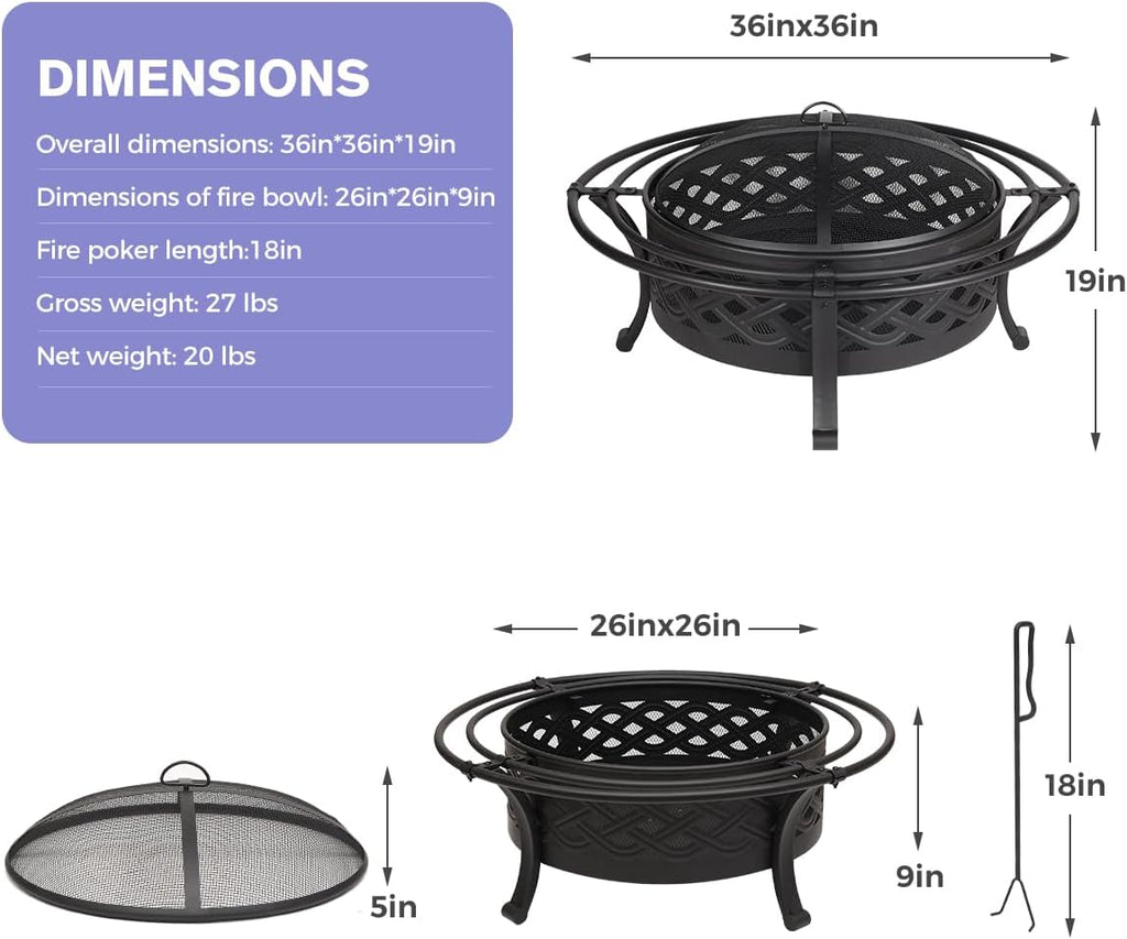 36 Inch Fire Pit with 2 Loops,Crossweave Wood Burning Fire Pits for Outside,with Spark Screen,Fire Poker,Round Outdoor F