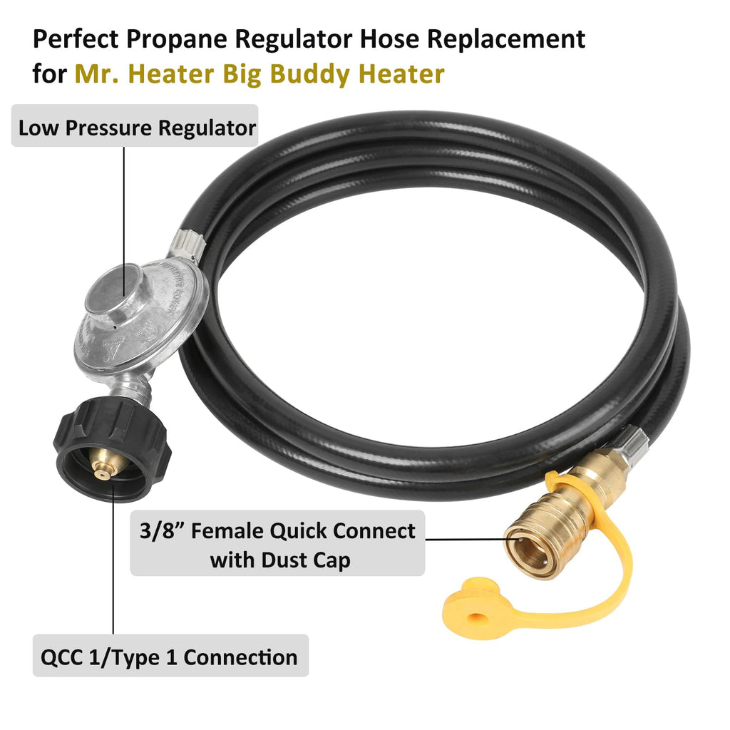 6 Feet Propane Hose with Regulator, 3/8" Female Quick Connect Disconnect x QCC1 Propane Tank for Indoor Outdoor