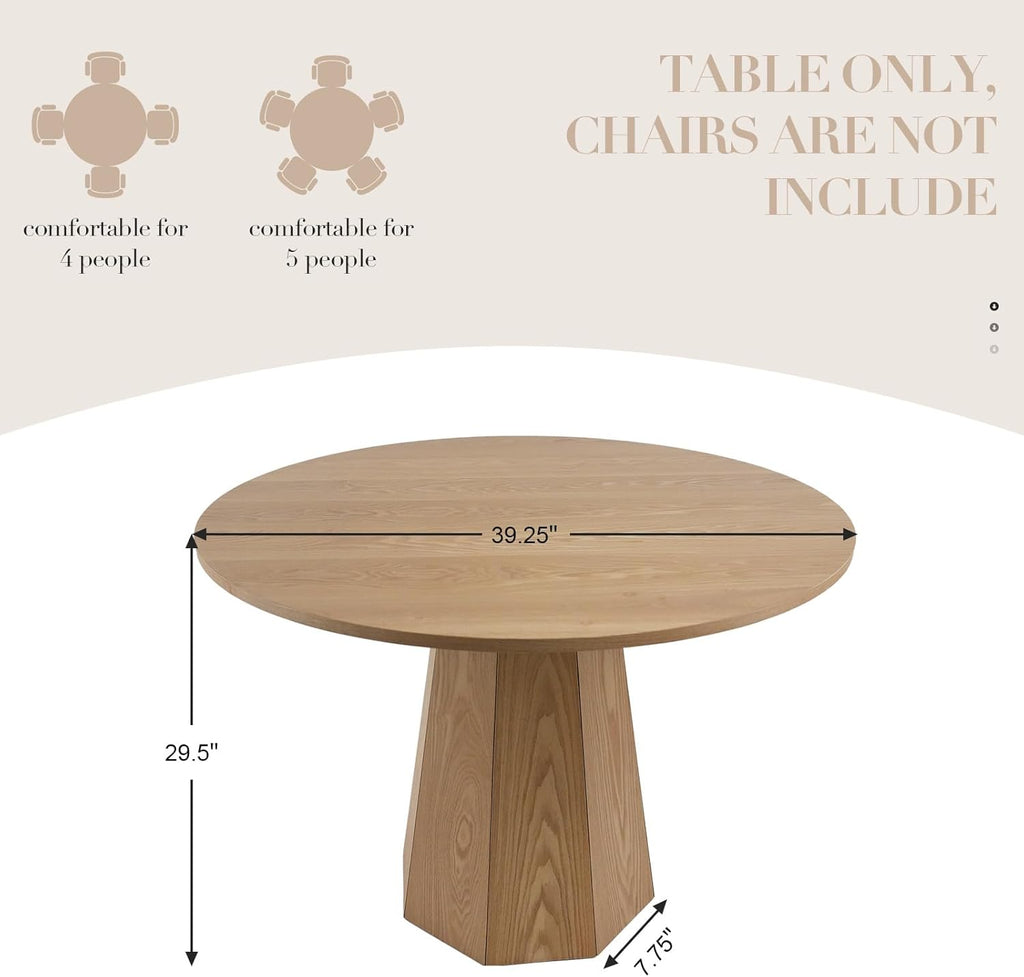 39” Round Solid Wood Dining Table for 4-5 People, Modern Pedestal Kitchen Table with Octagon Base, Circle
