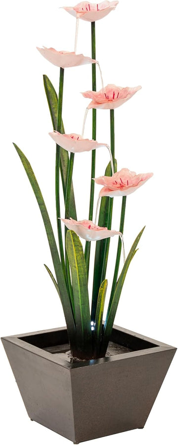 39-Inch Freestanding Sculptural Metal Multi-Tier Flower Water Fountain with LED Lights, Multicolored