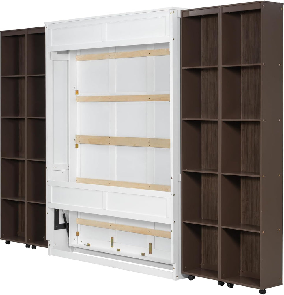 Folding Hidden Queen Murphy Bed Cabinet with Storage Bookcase Bookshelf, Wood Murphy Wall Bed with Storage Shelves