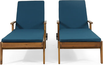 Outdoor Chaise Lounge with Water Resistant Cushion - Acacia Wood - Teak/Blue (Set of 2)