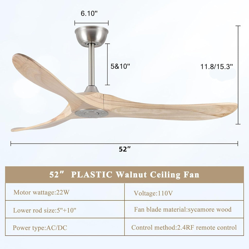 Inspired Maverick Style 52" Modern Ceiling Fan, No Light, 6-Speed, Reversible, Timed Shutdown, DC Motor, Natural Wood 3 Blade, Porch, Bedroom, Living Room