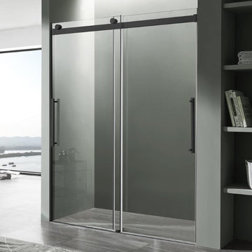 Frameless Sliding Shower Door 60 x 76 in Matte Black, 5/16 in Tempered Deco-Glass, Tsunami Guard Coating