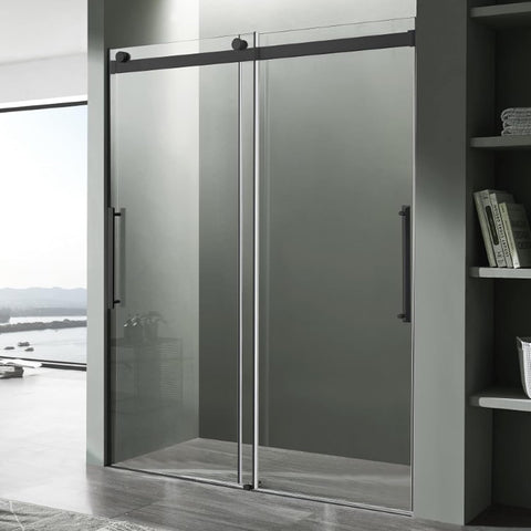 Frameless Sliding Shower Door 60 x 76 in Matte Black, 5/16 in Tempered Deco-Glass, Tsunami Guard Coating
