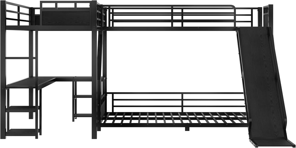 Twin XL Over Queen L Shaped Bunk Bed with Twin Loft Bed, Heavy Duty Metal Triple Bunk Bed with Slide