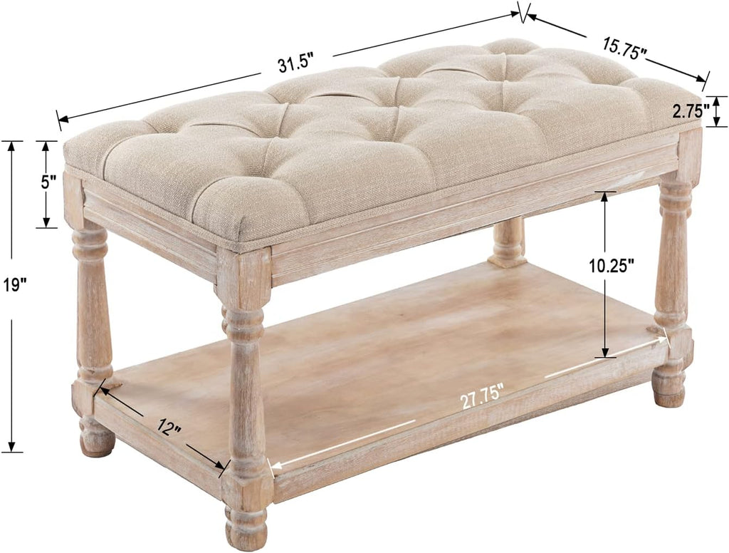 Farmhouse Storage Bench Wooden Entryway Linen Upholstered Ottoman Button Tufted Bench End of Bed Hallway Organizer