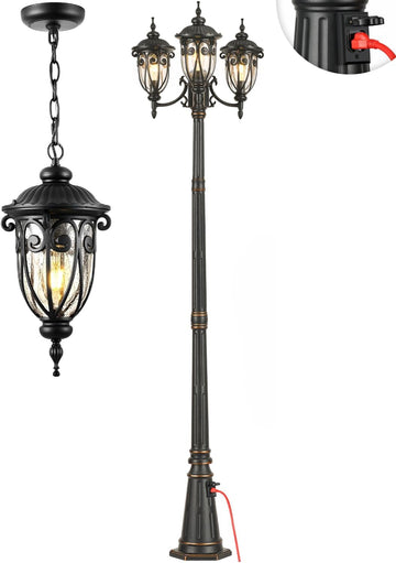 Black Outdoor Pendant Light Lantern, Modern Outdoor Chandelier, Outdoor Lamp Post Light with Outlet