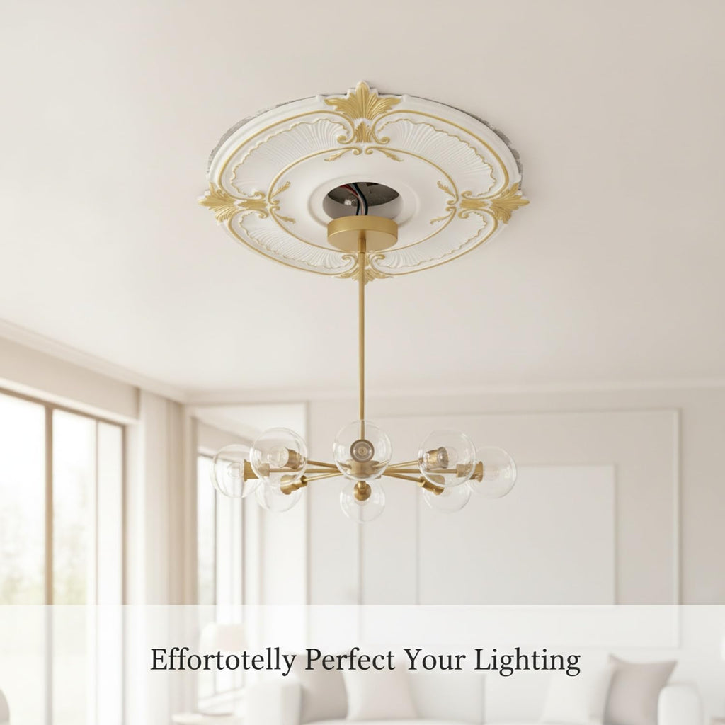 Easy Install Ceiling Medallion for Light Fixtures, Gold Polyurethane Decorative Ring Hides Gaps and Hardware (1 Piece)