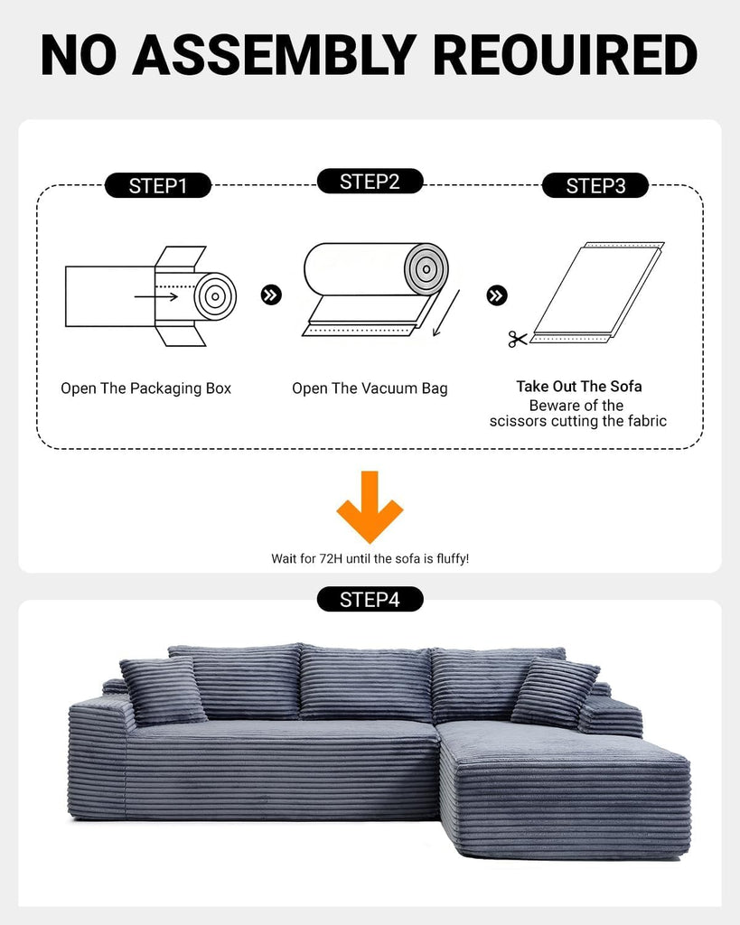 108" Cloud Boneless Couch, L-Shaped Sectional Sofa, Grey