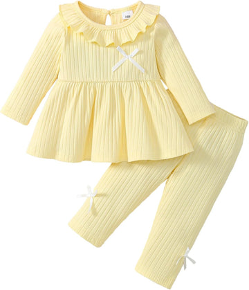 2 Piece Baby Girl Clothes Set Infant Ribbed Ruffle Top Bow Pants