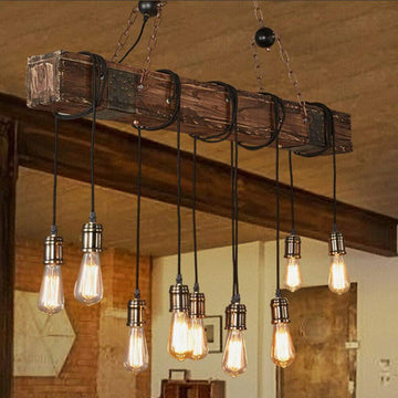 Chandelier Wooden Retro Antique Chandelier-Farmhouse Style Wooden Beam Large Linear Chandelier Cafe Bar Dining Table