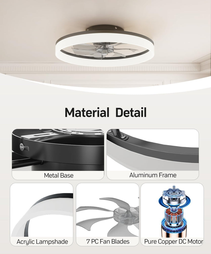 Smart Ceiling Fans with Light and Remote,20'' Low Profile Ceiling Fan with 6-Speed & Dimmable LED, Alexa/APP Home Voice Control, App, Reversible Airflow, App Timer, for Bedroom (Black)