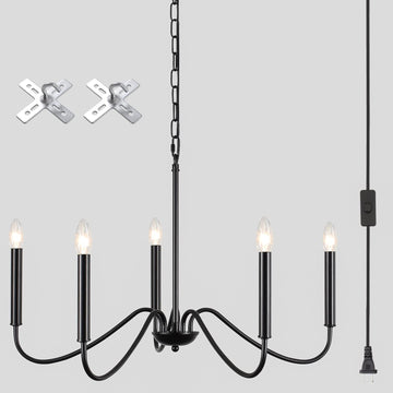 Black Plug in Chandelier Lighting with Long Cord, 5 Light Farmhouse Plug in Hanging Light Fixture for Dining Room