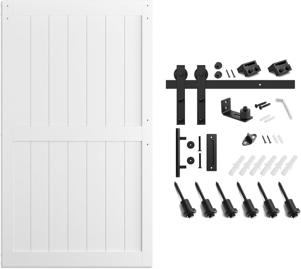 48 x 84 inch White Sliding MDF Barn Door with 8FT Black Sliding Door Hardware Kit & Handle, Pre-Dril