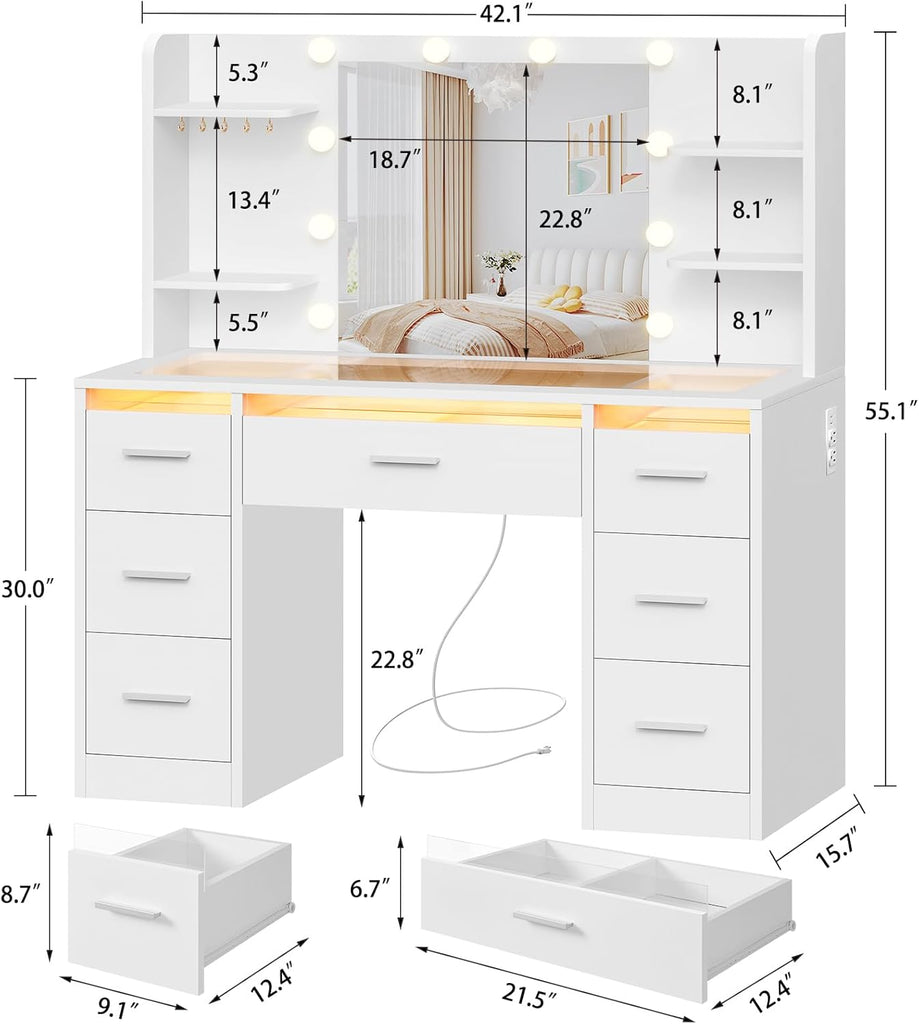 Makeup Vanity Desk with Mirror and Lights, White Vanity with Glass Top, 3 Colors LED Lights & Power Outlet, Vanity