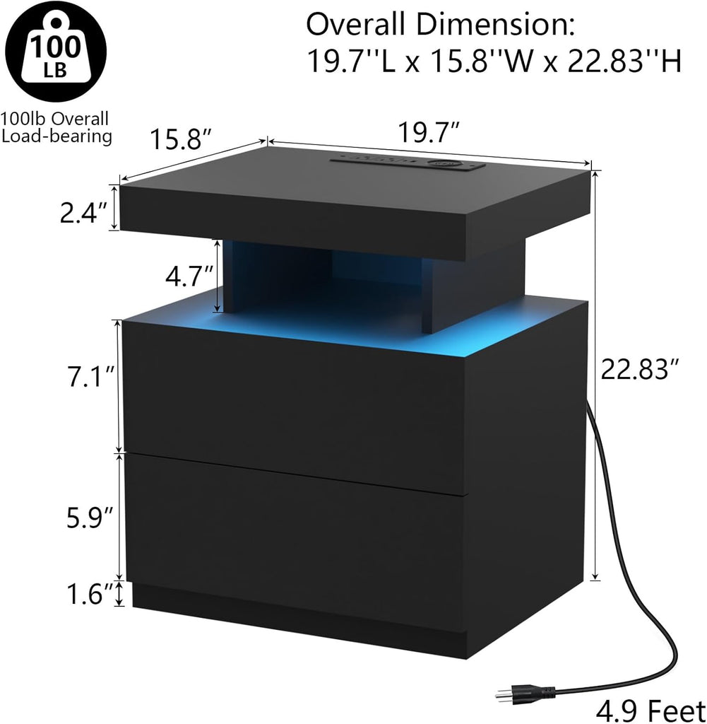 Nightstand with Charging Station and LED Light, Smart Nightstand with USB Port & Wireless Charging, Modern Night