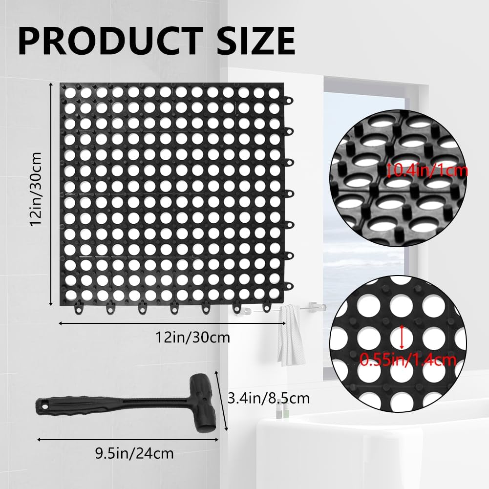 30 Pack Drainage Interlocking Tiles, 12"x12" Modular Interlocking Floor Tiles with 1 Pc Plastic Hammer Non Slip Rubber