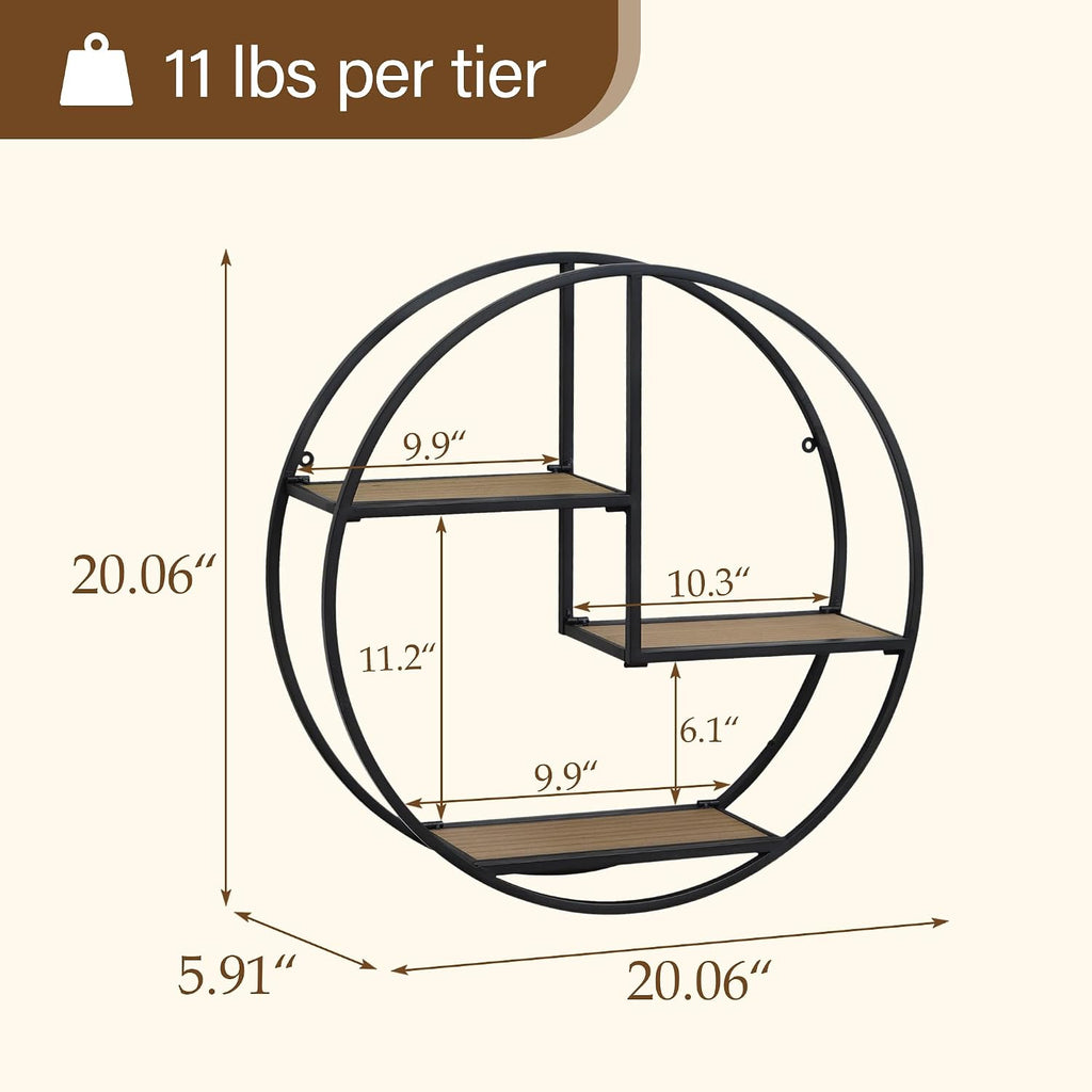 3 Tier Industrial Style Foldable Circle Wall Shelves | 21" x 21", no assembly required, foldable wall mounted shelves