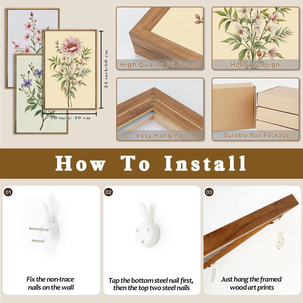 Boho Floral Canvas Wall Art, Framed Minimalist Beige Wildflower Wall Decor, Neutral Botanical Painting 16x24 Inch Set