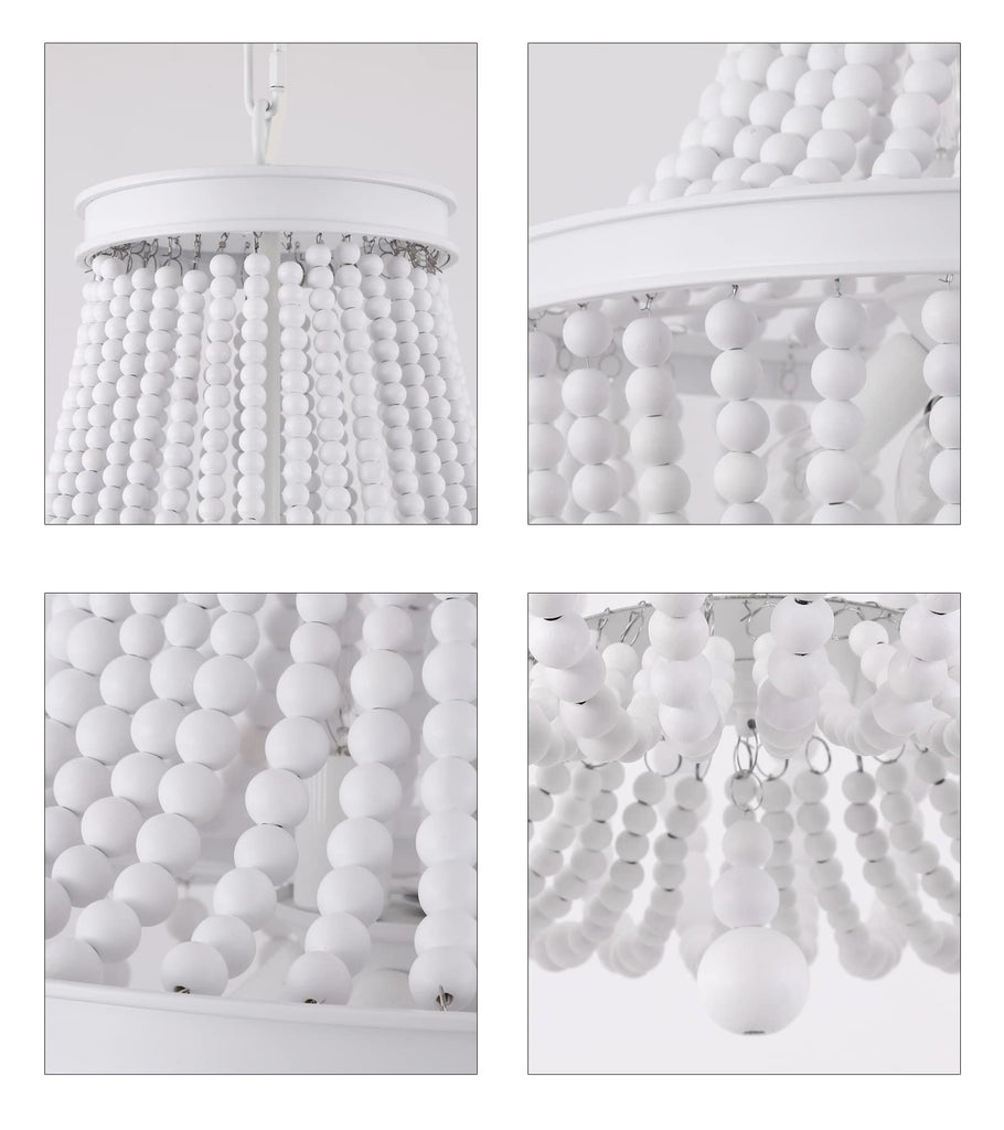 Beaded Chandelier Farmhouse White Wood Beaded Boho Light Fixture Vintage Antique 8 Lights Nursery Kitchen Foyer