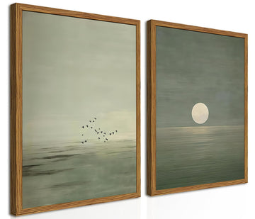 Framed Sage Green Japanese Canvas Wall Art Set of 2, Minimalist Moon and Birds Pictures Wall Decor, Neutral Landscape