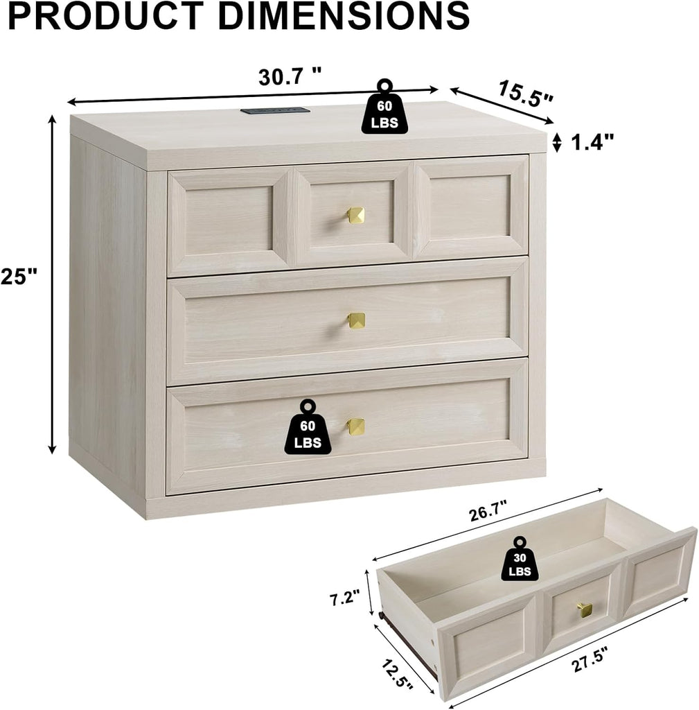 3 Drawers Nightstand with Charging Station, 30.7" King Size Bedside Table with 3 Drawers, Accent End Table W/Large