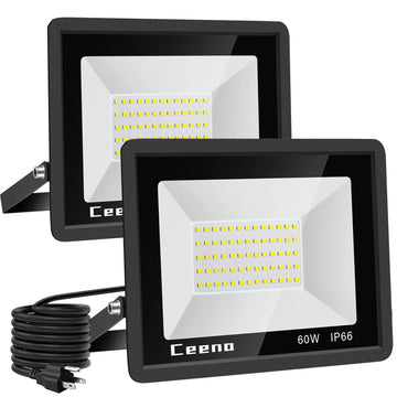 2 Pack 60W Plug in LED Flood Light Outdoor, 6000lm Super Bright Floodlight with Switch and 5.9FT Wire, IP66