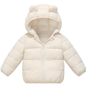 Baby Hooded Down Jacket Boys Girls Light Puffer Winter Coats Toddler Bear Ears Zipper Up Down Coats Outwear Ivory