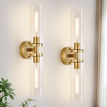 Wall Sconces Set of Two, Hardwired Brushed Gold Bathroom Sconces Wall Lighting with Clear Glass, Modern Sconces Wall