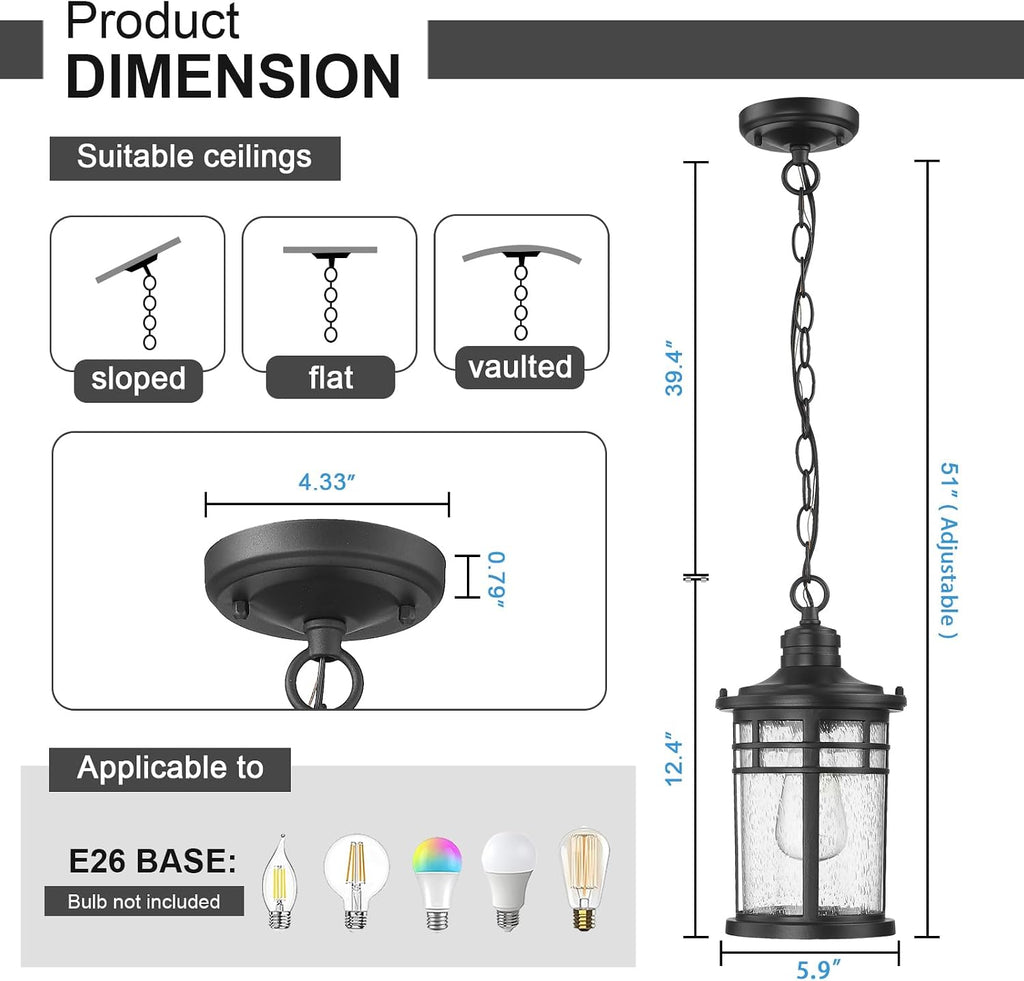 Outdoor Pendant Lights for Porch, Outdoor Chandelier Hanging Porch Lights Ceiling Mount Aluminum with Seeded Glass