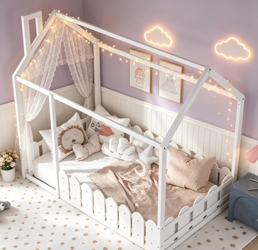Tw Floor Bed with Rail for Kids, Wood Montessori Floor beds with roof for Kids, no slats White