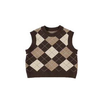 Toddler Kids Argyle Patterned Knitted Vest Crew Neck Brown Beige Plaid Toddler Sleeveless Sweater Tank Tops