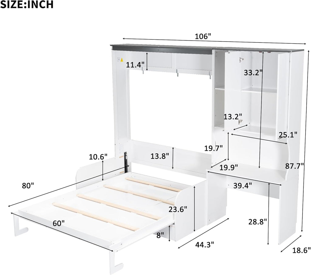 Queen Murphy Bed with Sofa, Desk and Storage Cabinet, Solid Wood Wall Bed Frame, Space-Saving Foldable Design, White