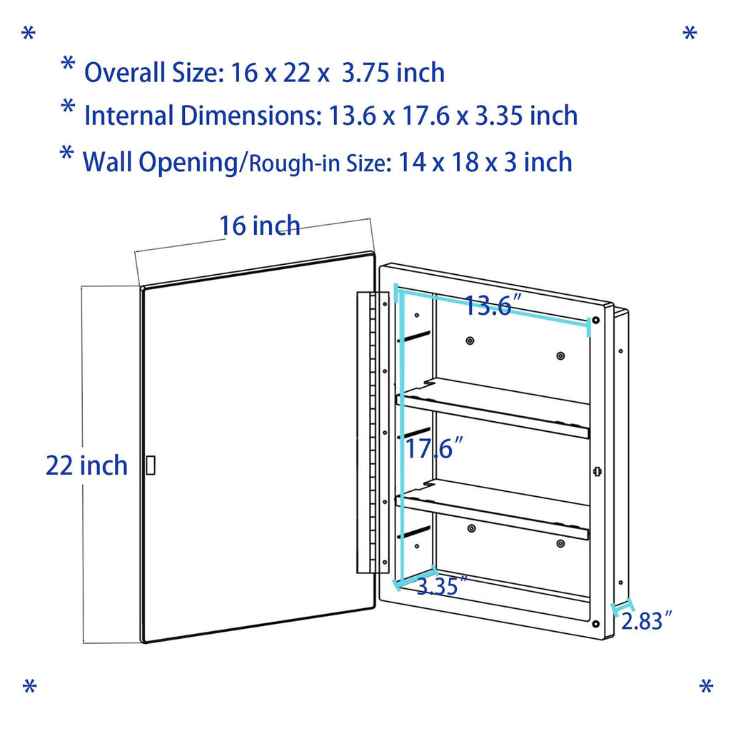 Plastic Bathroom Medicine Mirror Cabinet 16 x 22 inch, Surface and Recessed Mount, Beveled Edge Mirror