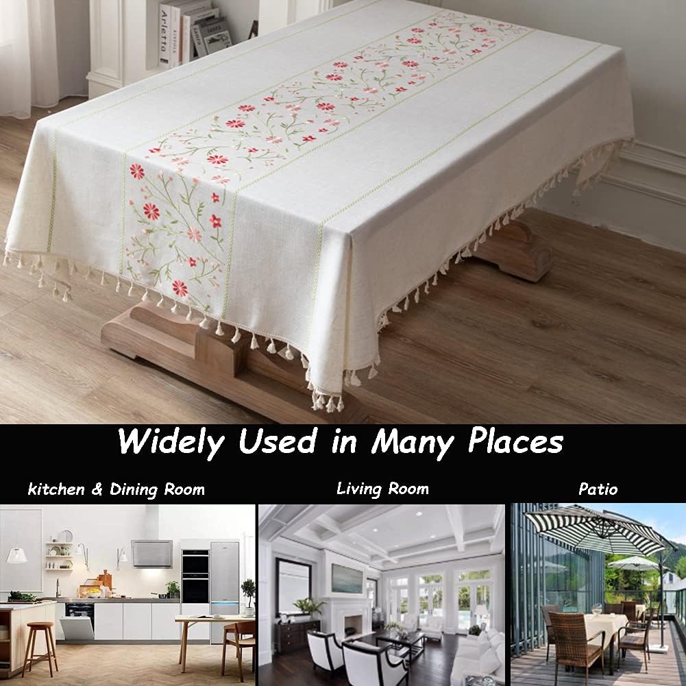 Table Cloth Embroidery Floral Pattern Wrinkle Free Heavy Weight Cotton Linen Farmhouse Tablecloth De