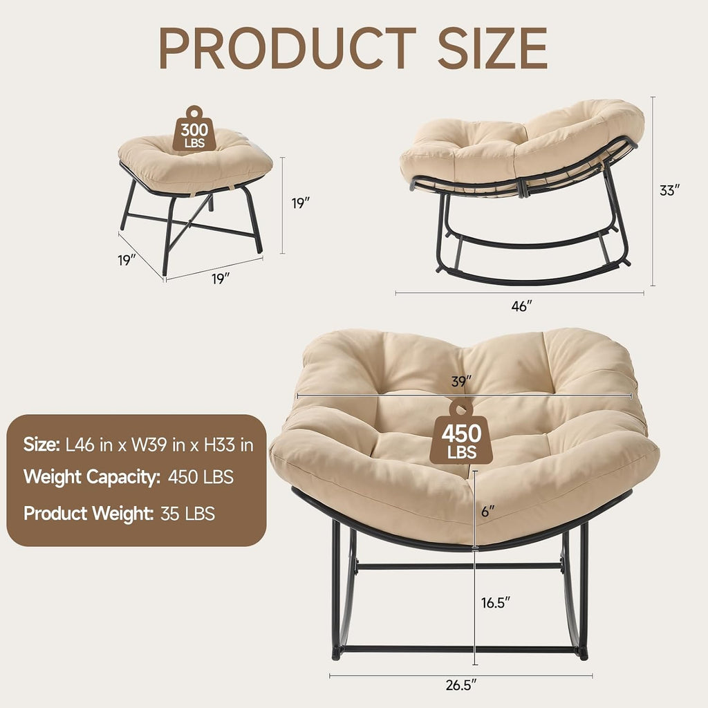Outdoor Rocking Chairs with Ottoman, Papasan Rocking Chair, Beige | Oversized Lounge Rocker with Padded Cushions