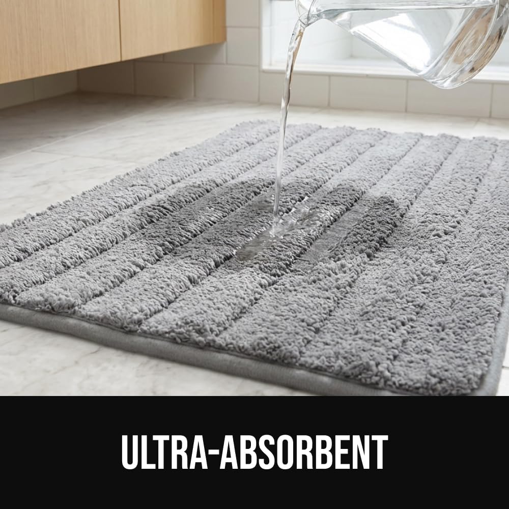 Memory Foam Bathroom Rugs, Soft Absorbent Textured Rubber Backing Striped Bath Mat, Set of 2 Machine Washable Quick