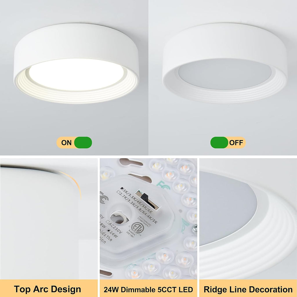 Dimmable White Flush Mount Ceiling Light,11.81 in LED 5CCT Fixture | 24W Matte Close to Ceiling,3000K-6500K Round