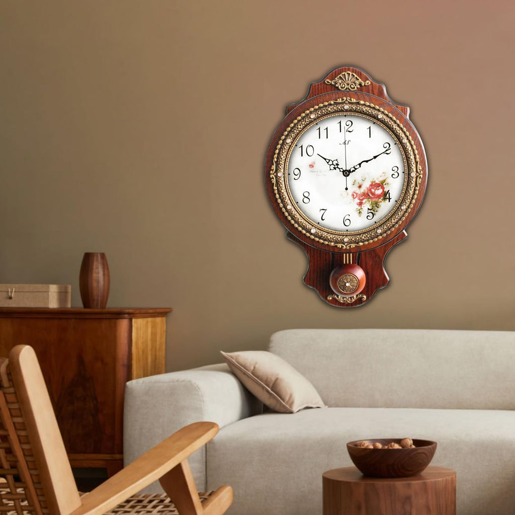 Wall Clock with Swinging Pendulum, Retro Style Silent Clock with Crystal Decoration, Vintage Decor European Victoria