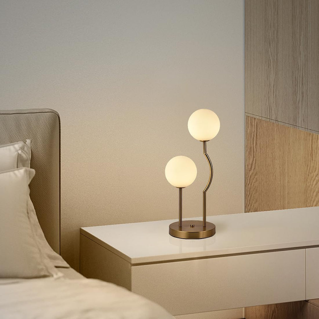 Mid Century Gold Globe Table Lamp 2-Light Orb Modern Beside Desk Table Light with Milk White Glass Shade Metal Base