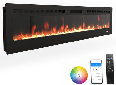 Smart Electric Fireplace - 80 Inch Electric Fireplace Inserts, Wall Mount or in-Wall Recessed Fireplace Heater