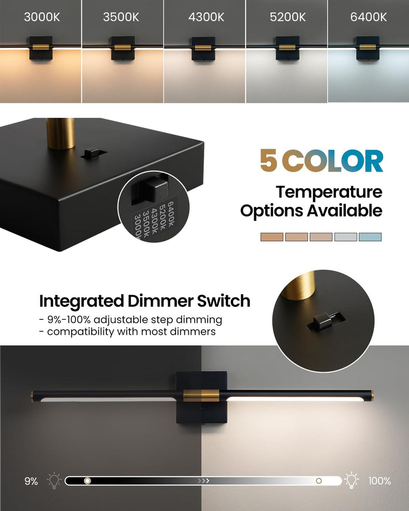 Black Gold Vanity Light Fixtures Over Mirror 30 inch LED Bath Sconces IP44 5CCT Adjustable Morden Picture Lights for