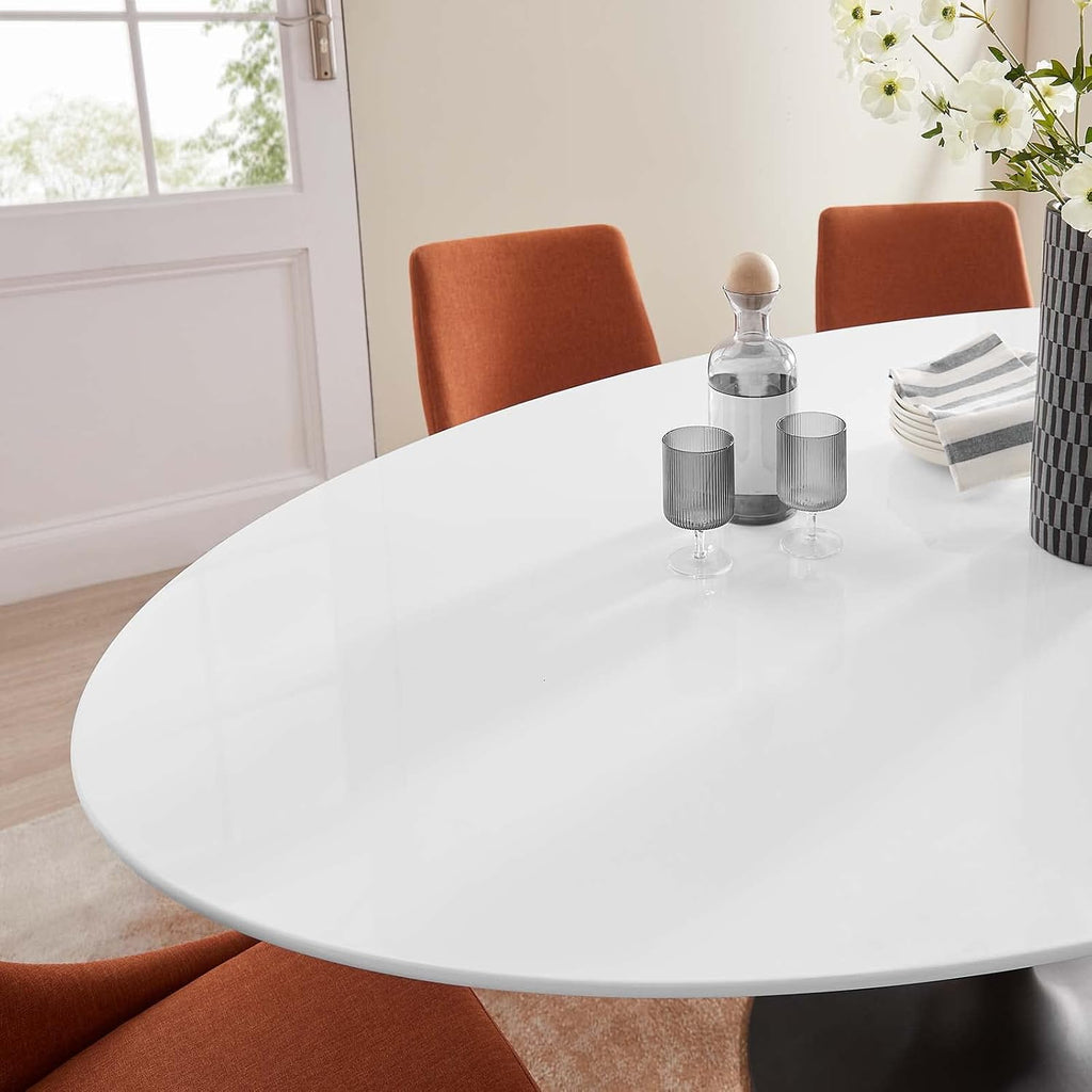 Inspired Saarinen Style Tulip Oval Pedestal Dining Table — Black Base / White Top, 78″ Oval
