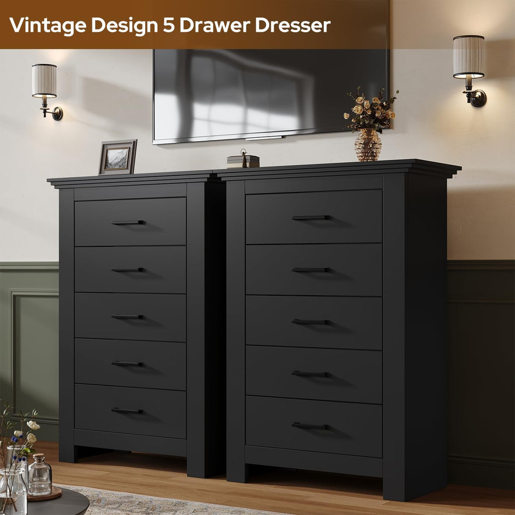 5 Drawer Dresser , Wood Dresser Chests of Drawers with Metal Handle, 47" Tall Vintage Design Storage Dressers
