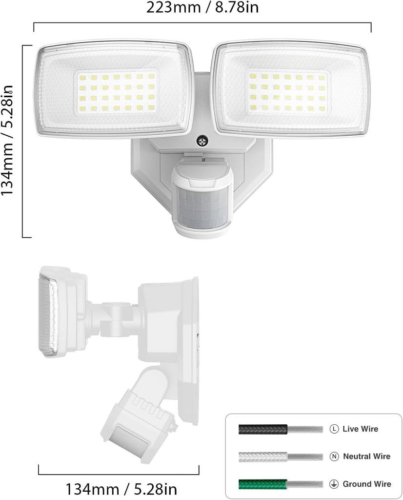 32W 2 Head Motion Sensor Outdoor Lights, 3200LM 6500K LED Security Light Hardwired, Dusk to Dawn, Motion Detector