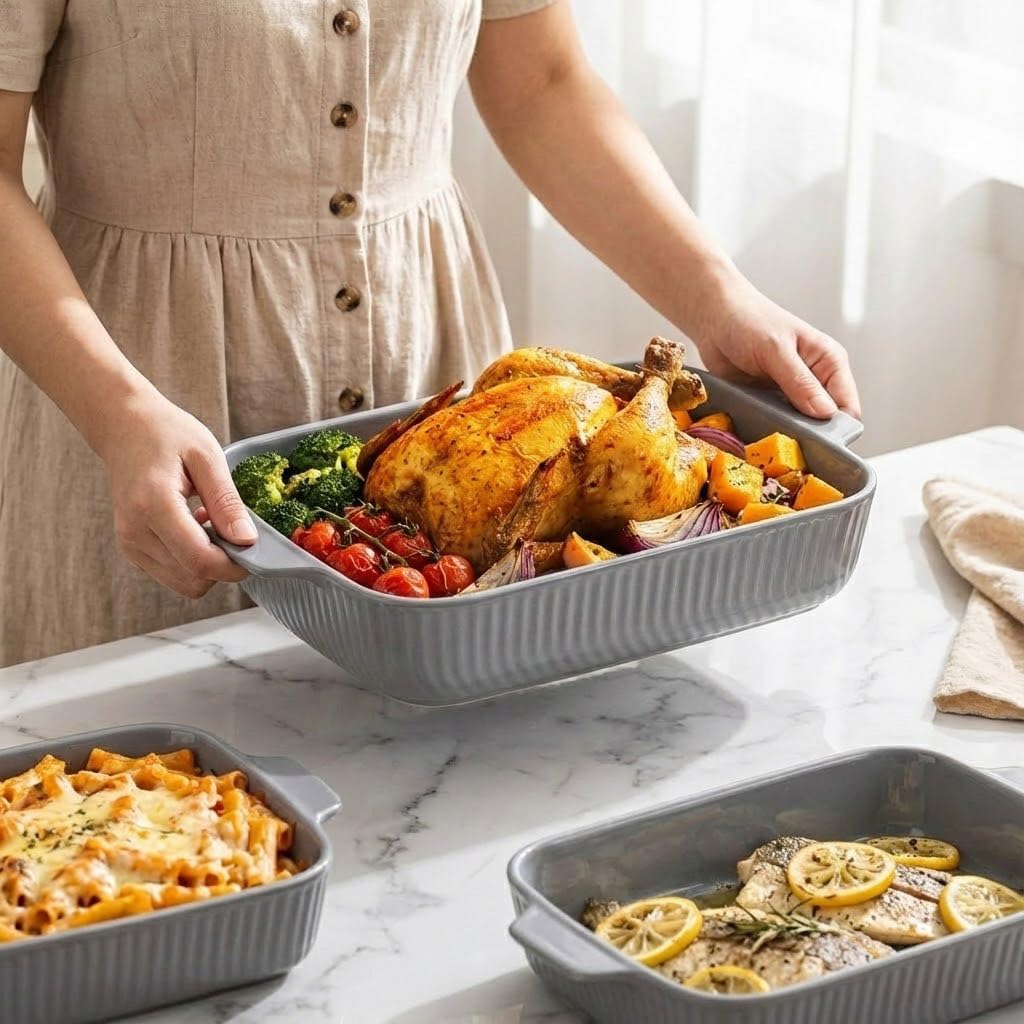 Ceramic Casserole Dishes for Oven Set of 3 Pcs Rectangular Bakeware Set with Handle for Steak Beef Pan Roast Chicken