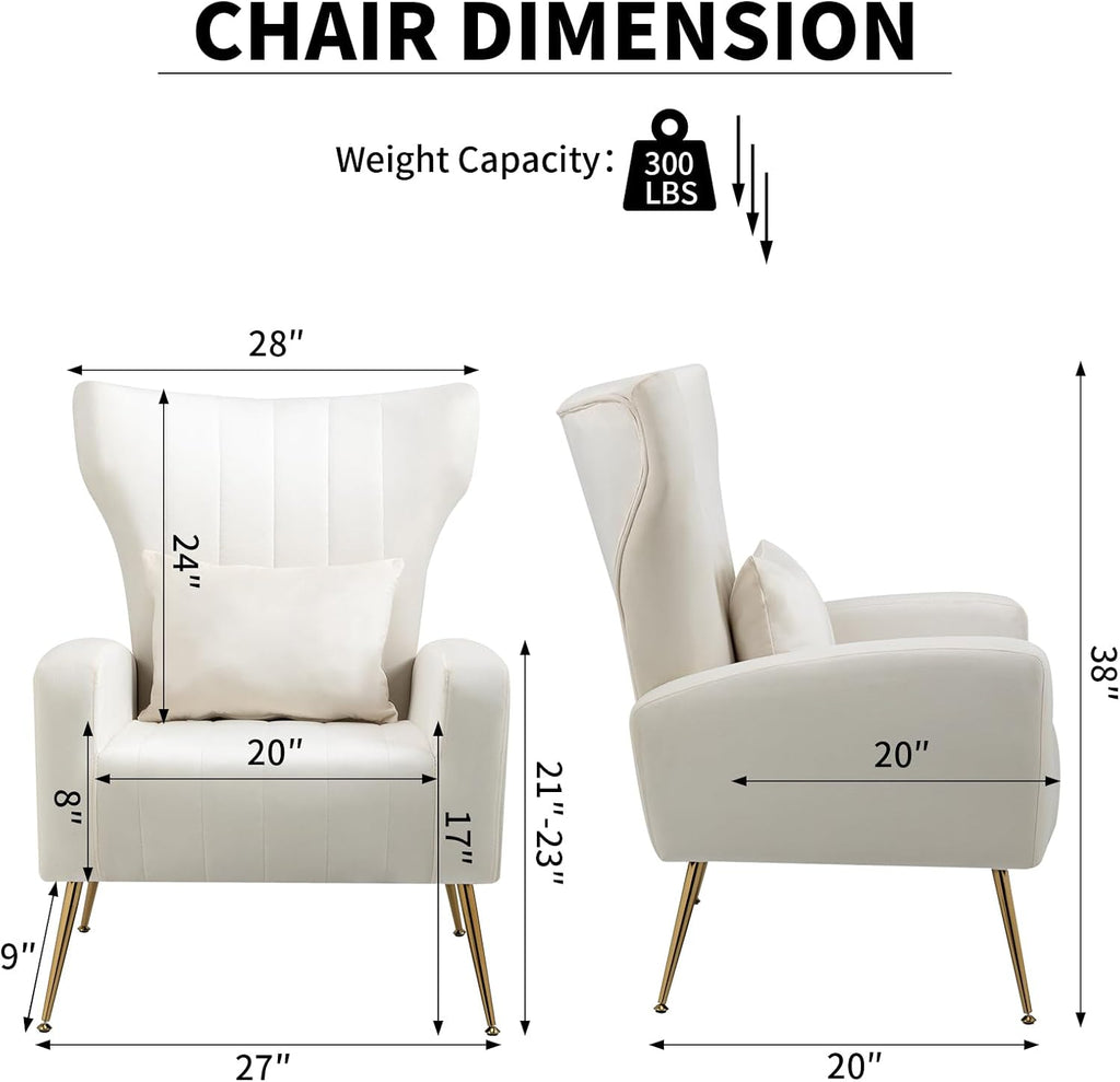 Velvet Accent Chairs Set of 2, Modern Living Room Chair with Gold Legs & Pillow, Bedroom Side Chair with High