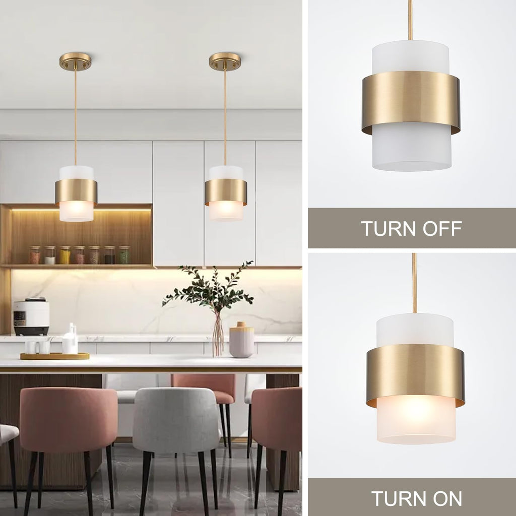 Modern Mini Gold Pendant Light Fixtures Frosted Cylinder Glass | Small Milk White Glass Shade Hanging Lamp Adjustable